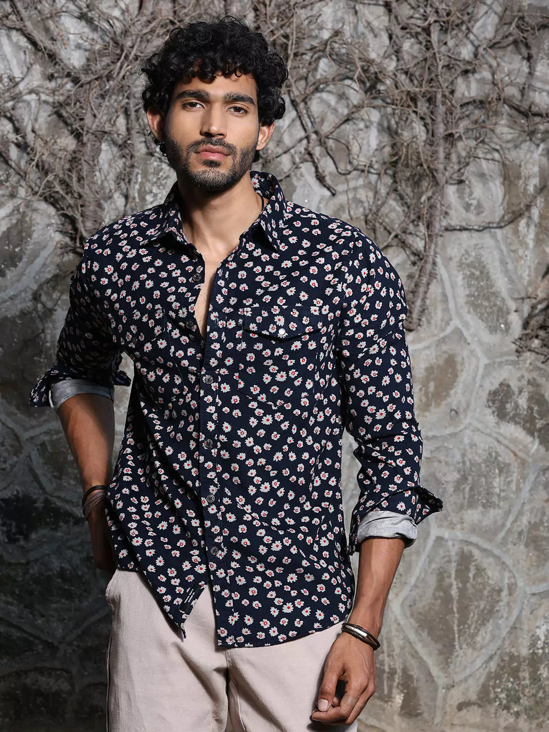 Thomas Scott Men Spread Collar Long Sleeve Premium Slim Fit Floral Printed Cotton Casual Shirt