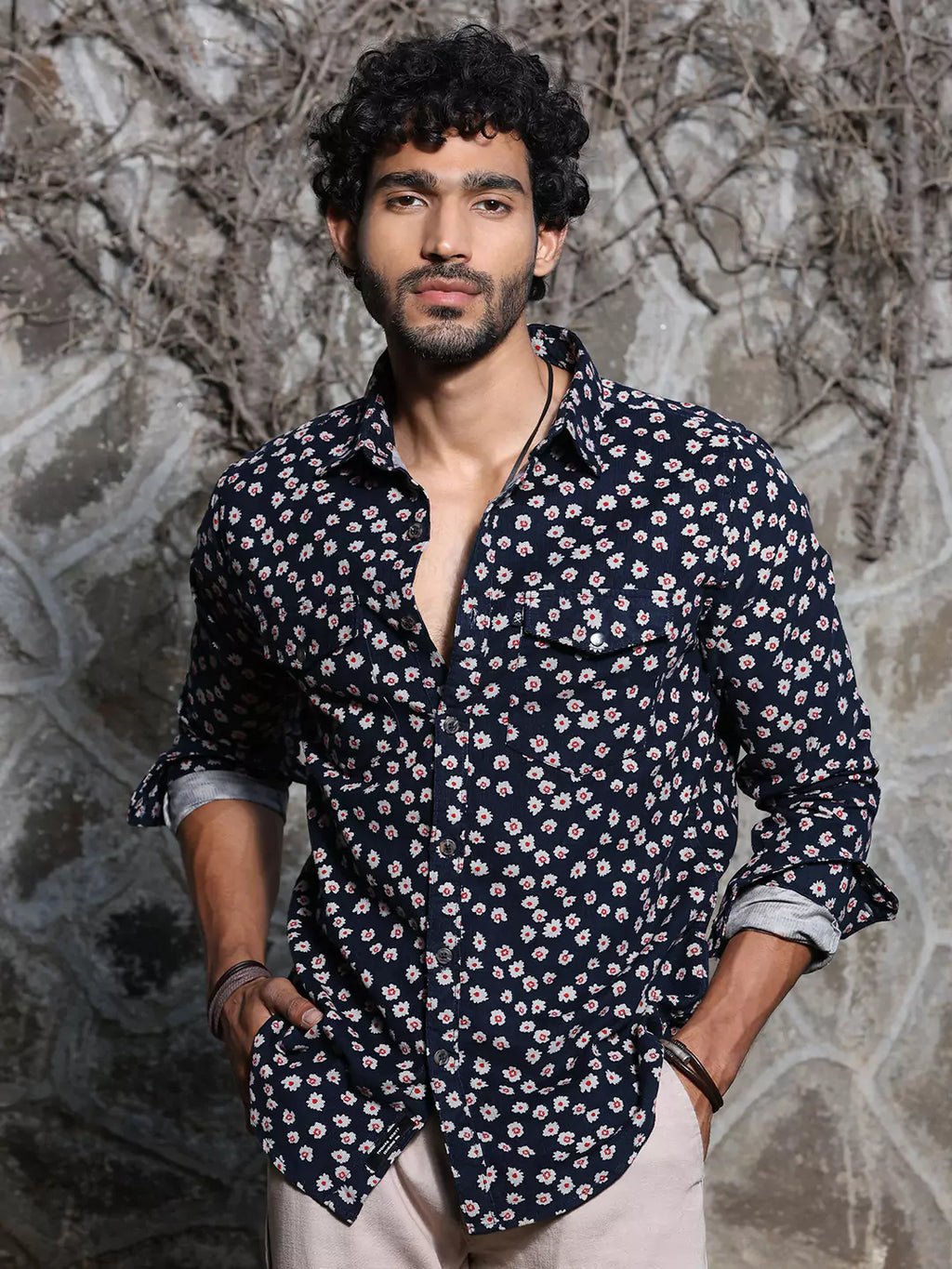 Thomas Scott Men Spread Collar Long Sleeve Premium Slim Fit Floral Printed Cotton Casual Shirt