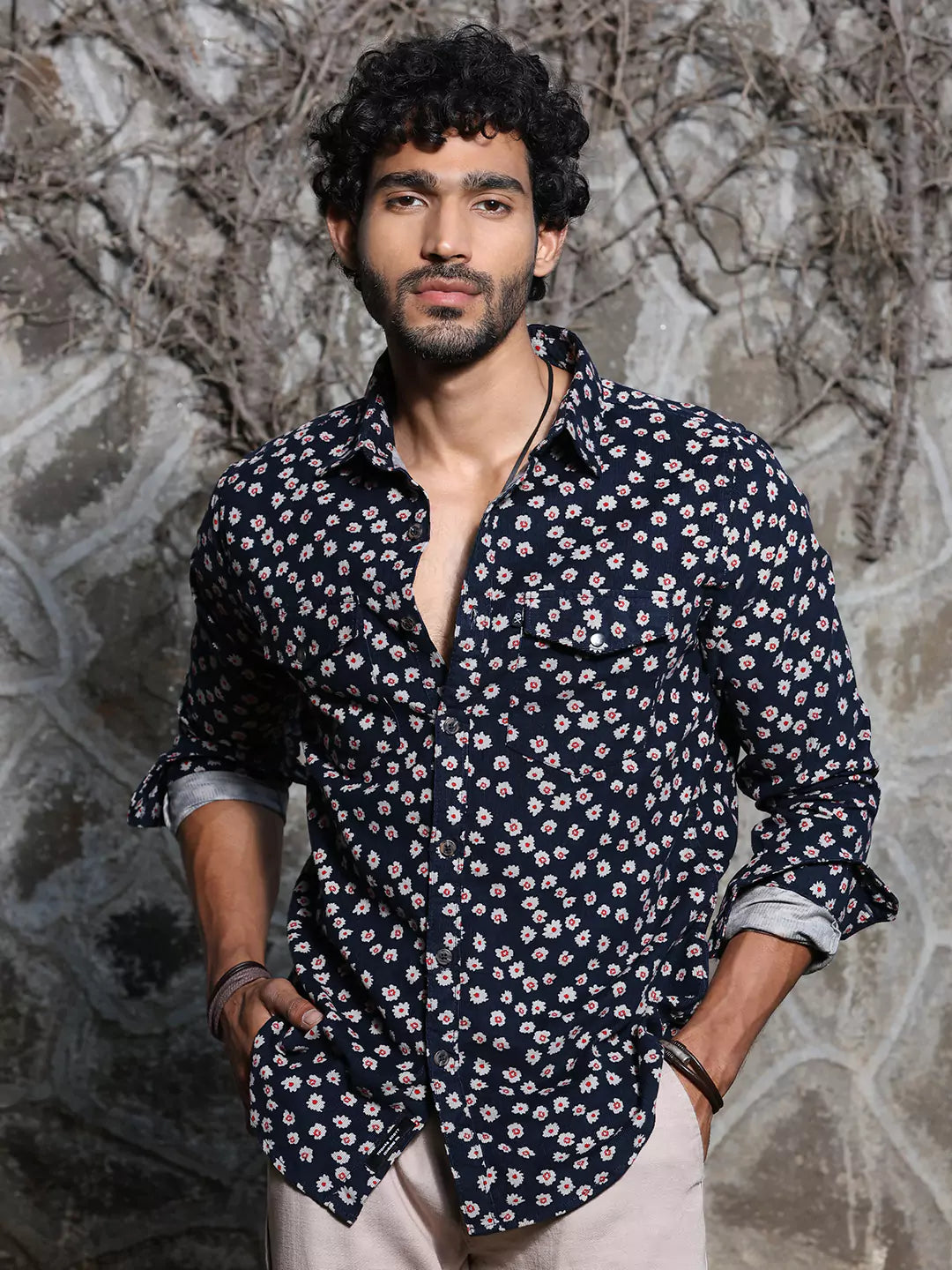 Thomas Scott Men Spread Collar Long Sleeve Premium Slim Fit Floral Printed Cotton Casual Shirt