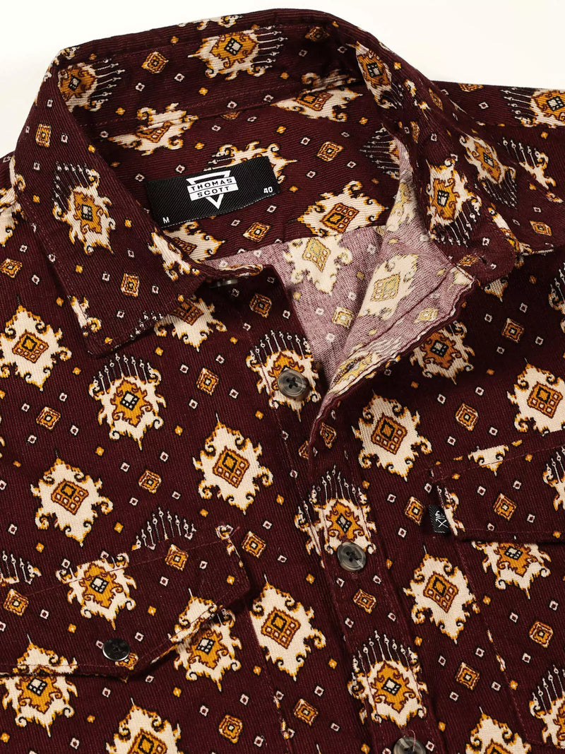 Thomas Scott Men Classic Slim Fit Ethnic Motifs Printed Pure Cotton Corduroy Semiformal Shirt