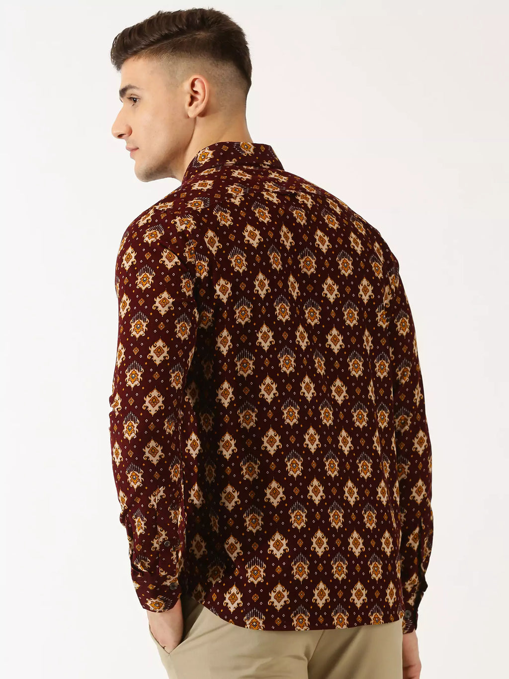 Thomas Scott Men Classic Slim Fit Ethnic Motifs Printed Pure Cotton Corduroy Semiformal Shirt