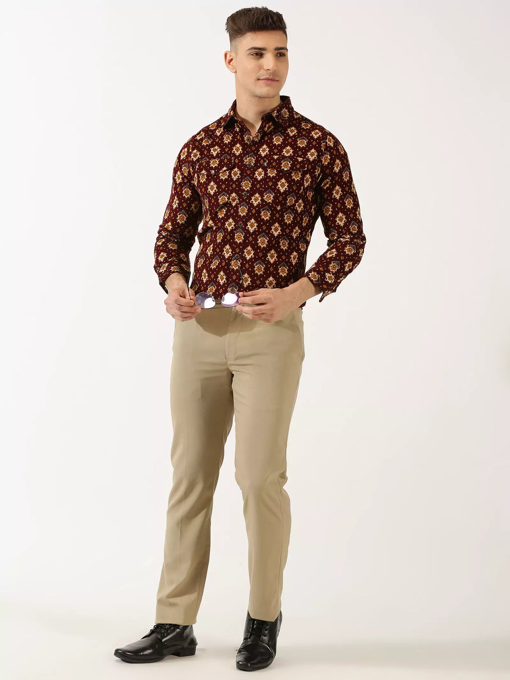 Thomas Scott Men Classic Slim Fit Ethnic Motifs Printed Pure Cotton Corduroy Semiformal Shirt