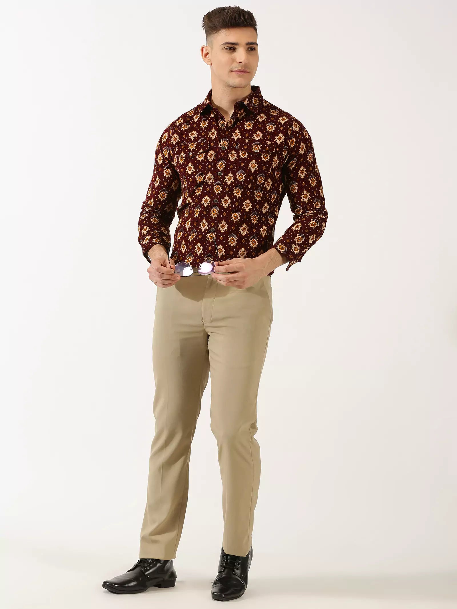 Thomas Scott Men Classic Slim Fit Ethnic Motifs Printed Pure Cotton Corduroy Semiformal Shirt