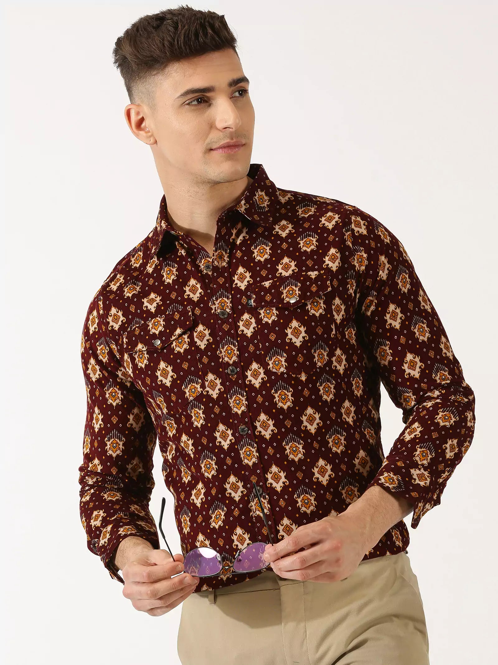 Thomas Scott Men Classic Slim Fit Ethnic Motifs Printed Pure Cotton Corduroy Semiformal Shirt