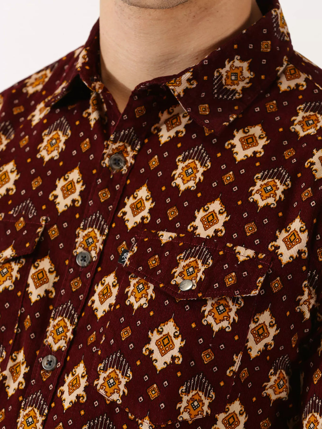 Thomas Scott Men Classic Slim Fit Ethnic Motifs Printed Pure Cotton Corduroy Semiformal Shirt
