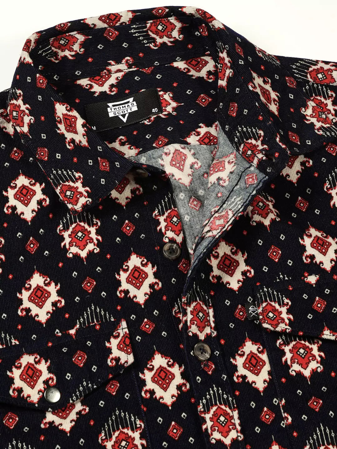 Thomas Scott Men Classic Slim Fit Ethnic Motifs Printed Pure Cotton Corduroy Semiformal Shirt