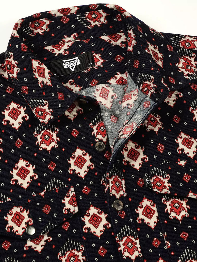 Thomas Scott Men Classic Slim Fit Ethnic Motifs Printed Pure Cotton Corduroy Semiformal Shirt