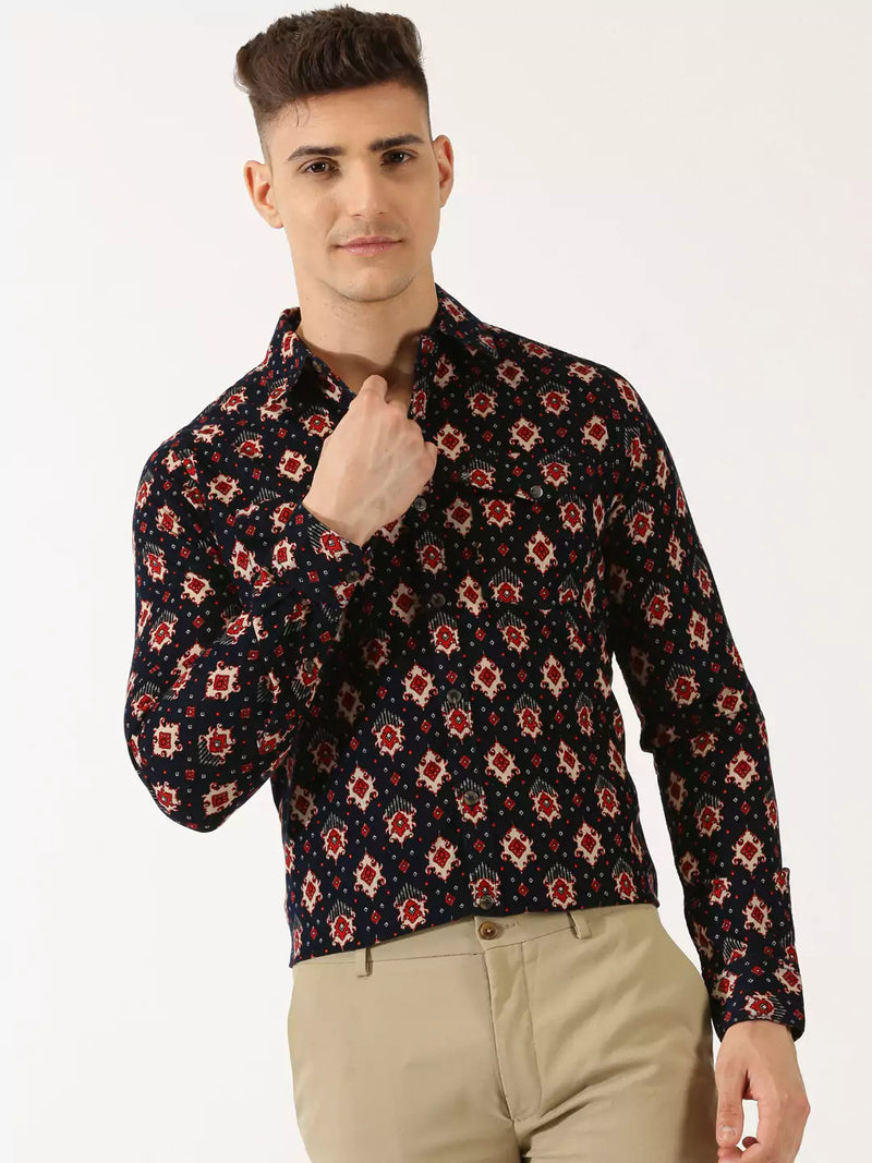Thomas Scott Men Classic Slim Fit Ethnic Motifs Printed Pure Cotton Corduroy Semiformal Shirt