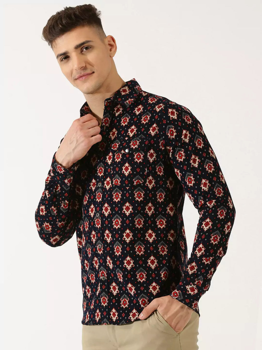 Thomas Scott Men Classic Slim Fit Ethnic Motifs Printed Pure Cotton Corduroy Semiformal Shirt
