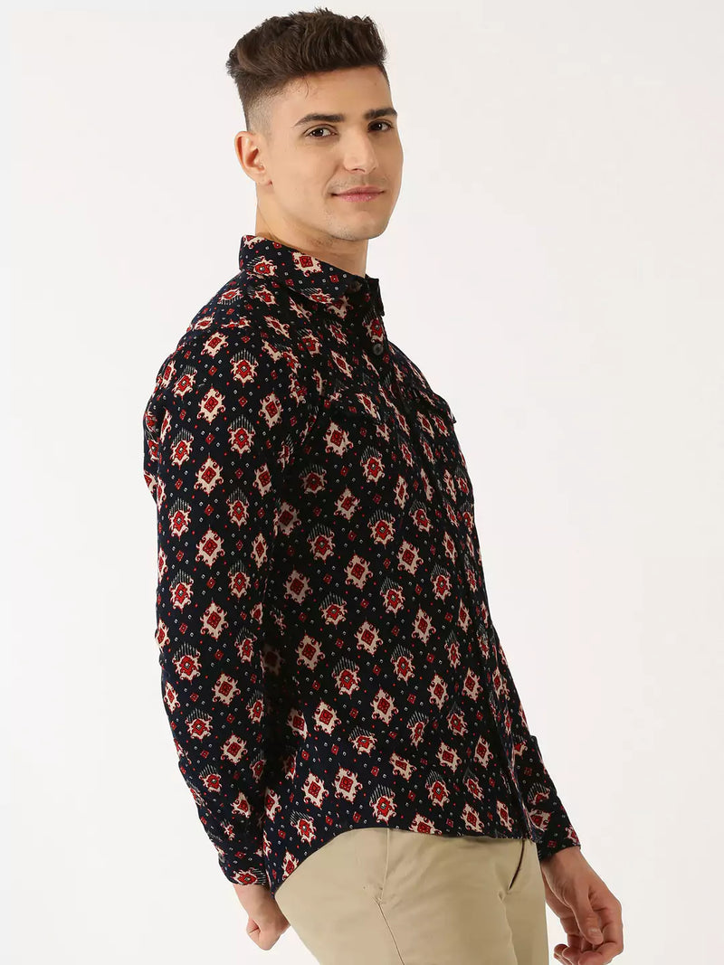 Thomas Scott Men Classic Slim Fit Ethnic Motifs Printed Pure Cotton Corduroy Semiformal Shirt