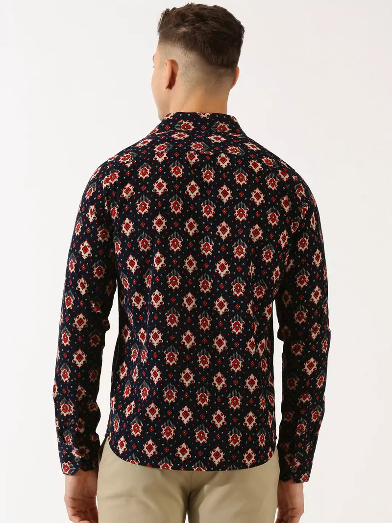 Thomas Scott Men Classic Slim Fit Ethnic Motifs Printed Pure Cotton Corduroy Semiformal Shirt