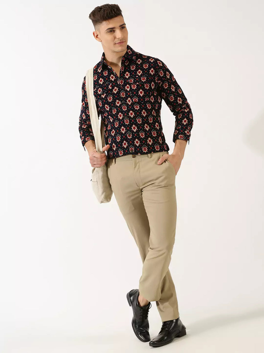 Thomas Scott Men Classic Slim Fit Ethnic Motifs Printed Pure Cotton Corduroy Semiformal Shirt