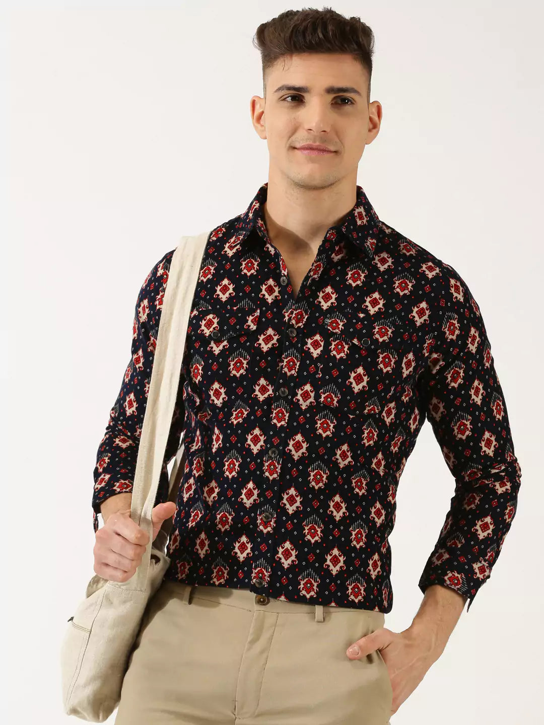 Thomas Scott Men Classic Slim Fit Ethnic Motifs Printed Pure Cotton Corduroy Semiformal Shirt