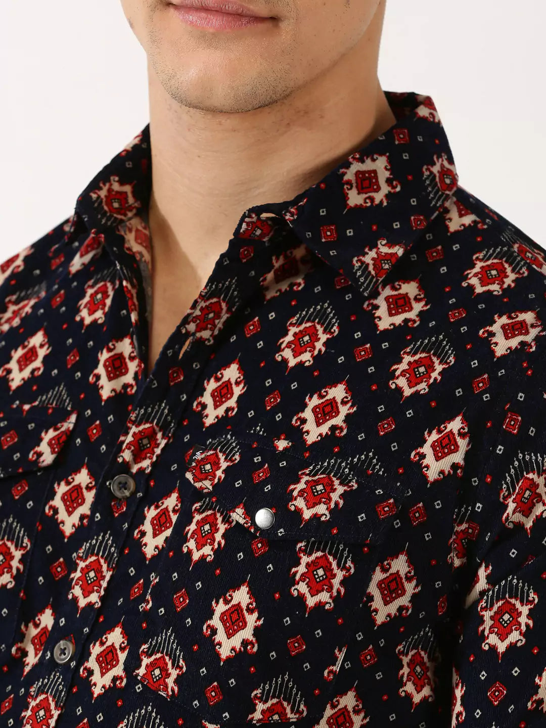 Thomas Scott Men Classic Slim Fit Ethnic Motifs Printed Pure Cotton Corduroy Semiformal Shirt