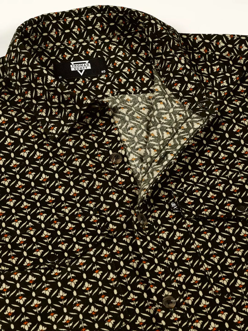 Thomas Scott Men Classic Slim Fit Floral Printed Pure Cotton Corduroy Semiformal Shirt