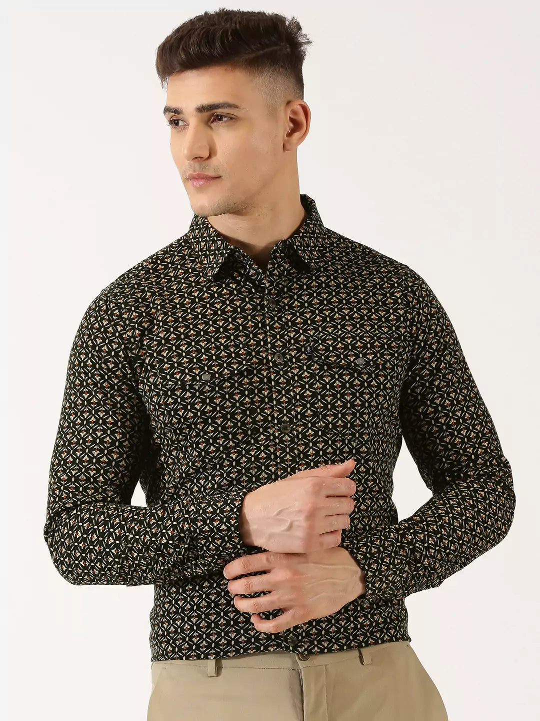 Thomas Scott Men Classic Slim Fit Floral Printed Pure Cotton Corduroy Semiformal Shirt
