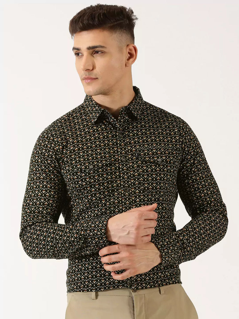 Thomas Scott Men Classic Slim Fit Floral Printed Pure Cotton Corduroy Semiformal Shirt
