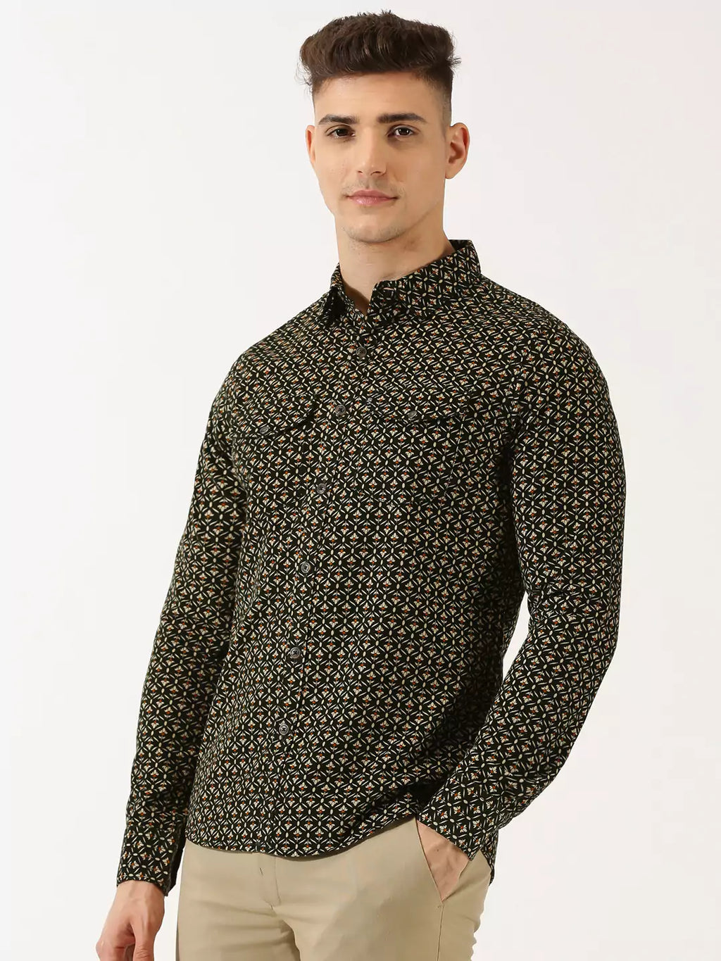 Thomas Scott Men Classic Slim Fit Floral Printed Pure Cotton Corduroy Semiformal Shirt