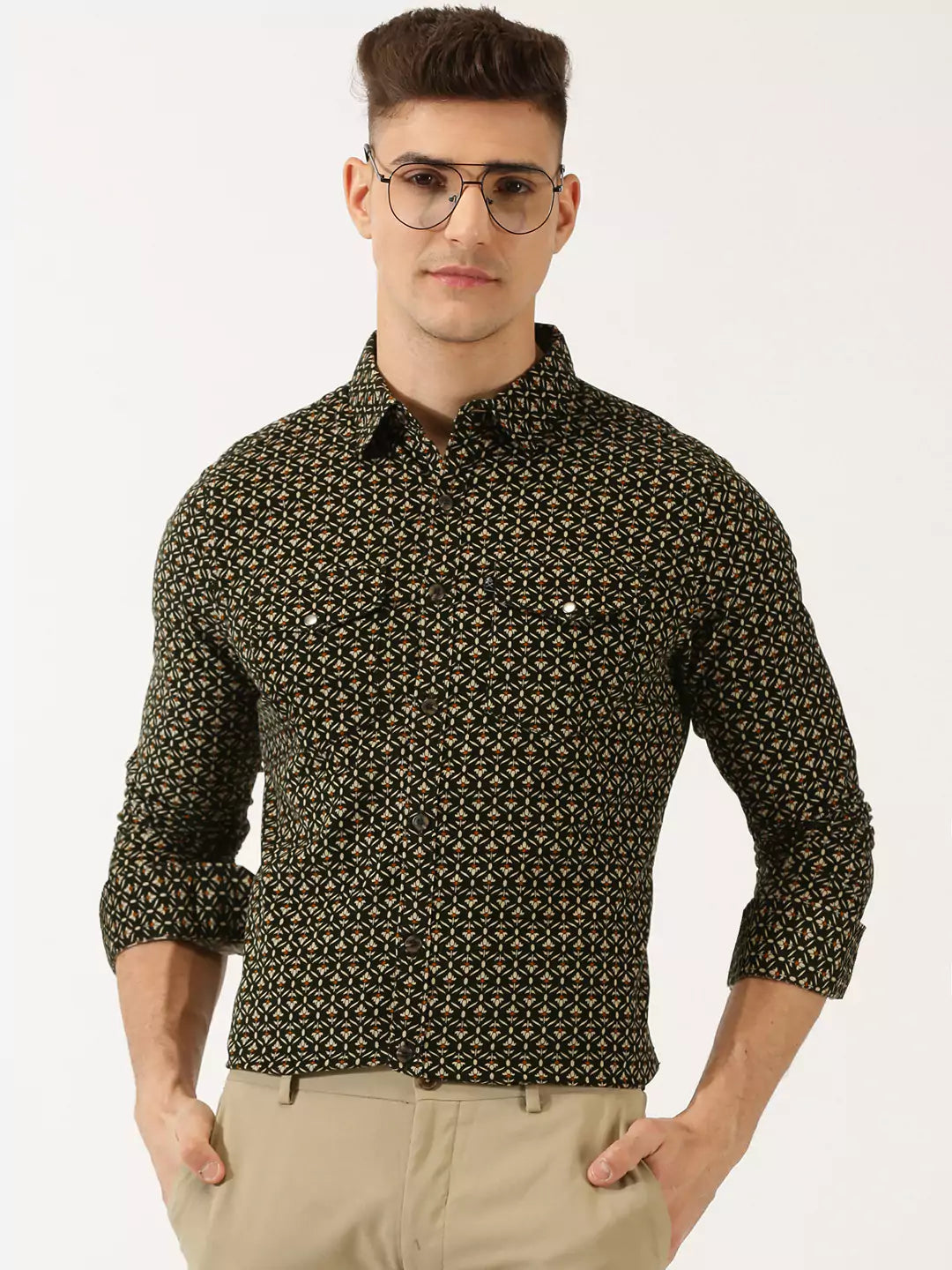 Thomas Scott Men Classic Slim Fit Floral Printed Pure Cotton Corduroy Semiformal Shirt