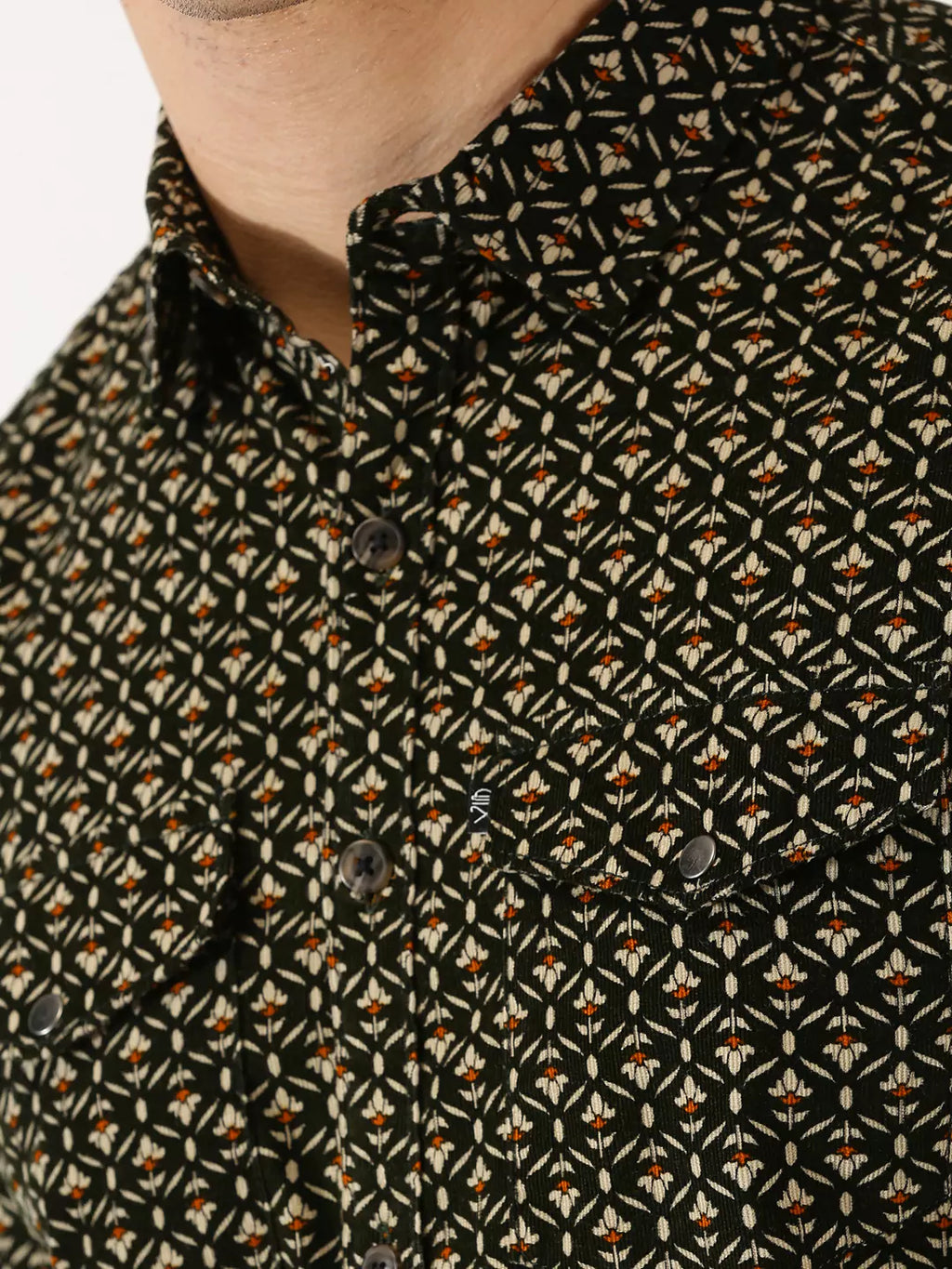 Thomas Scott Men Classic Slim Fit Floral Printed Pure Cotton Corduroy Semiformal Shirt