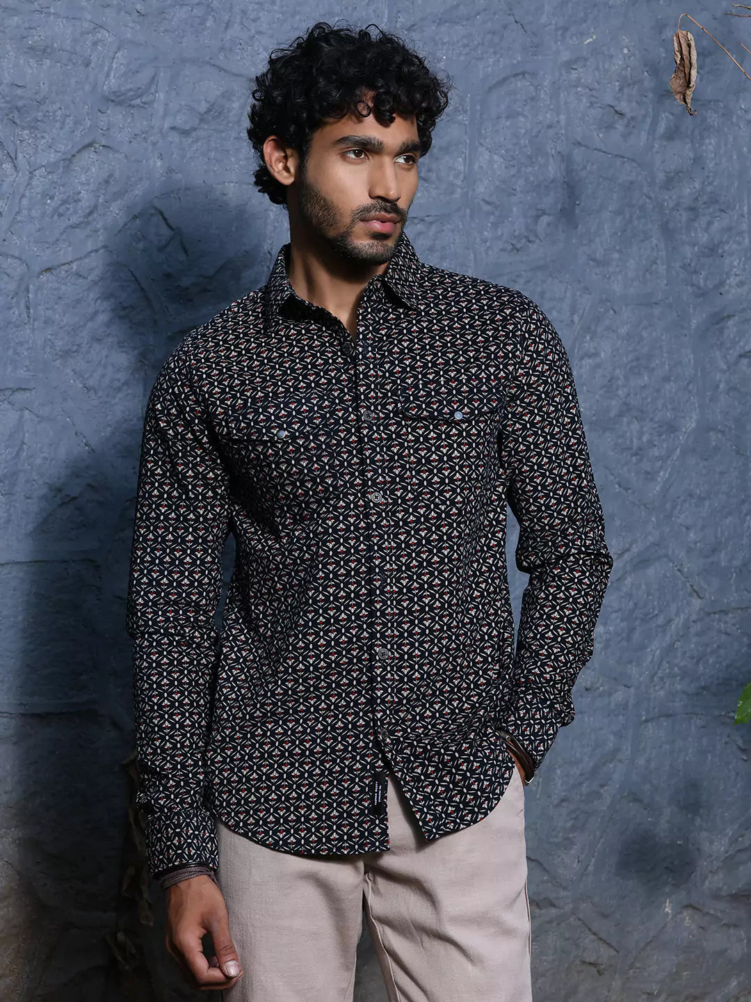 Thomas Scott Men Spread Collar Long Sleeves Premium Slim Fit Cotton Printed Casual Shirt