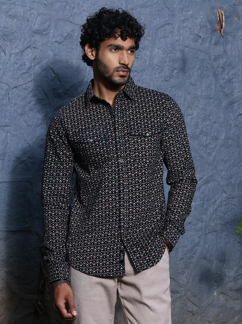 Thomas Scott Men Spread Collar Long Sleeves Premium Slim Fit Cotton Printed Casual Shirt