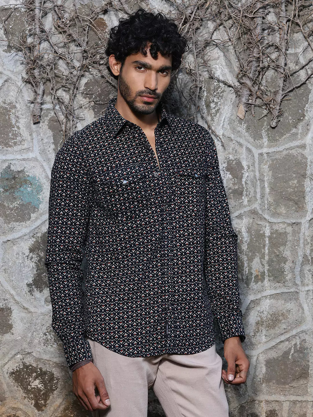 Thomas Scott Men Spread Collar Long Sleeves Premium Slim Fit Cotton Printed Casual Shirt
