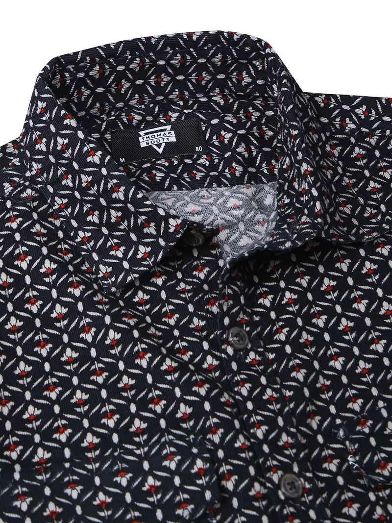 Thomas Scott Men Spread Collar Long Sleeves Premium Slim Fit Cotton Printed Casual Shirt