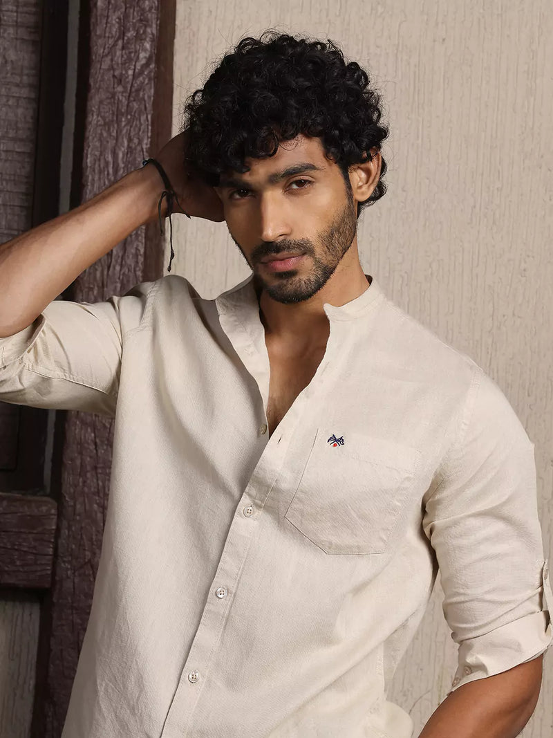 Thomas Scott Men Premium Cotton Linen Slim Fit Opaque Casual Shirt