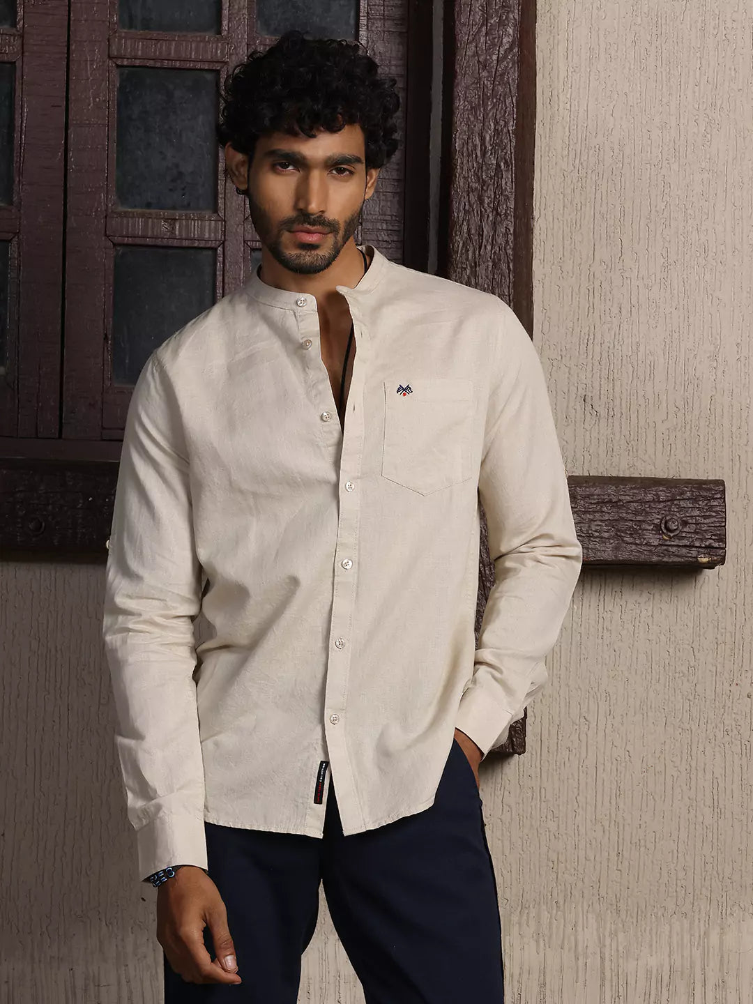 Thomas Scott Men Premium Cotton Linen Slim Fit Opaque Casual Shirt