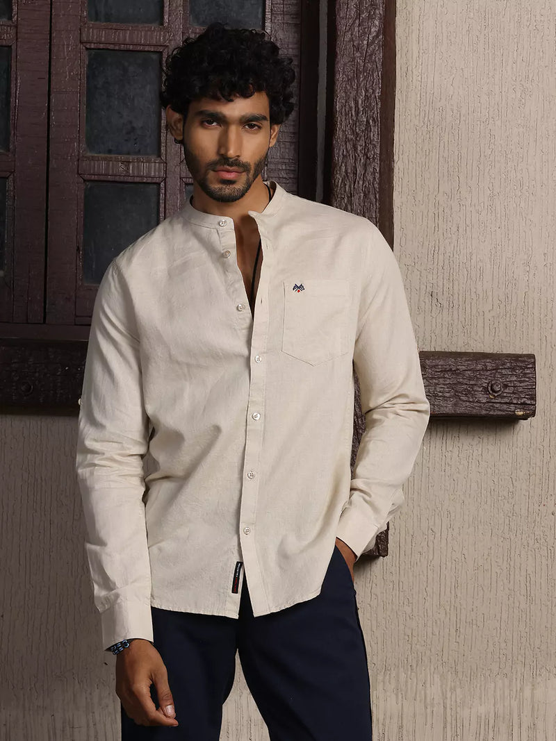 Thomas Scott Men Premium Cotton Linen Slim Fit Opaque Casual Shirt