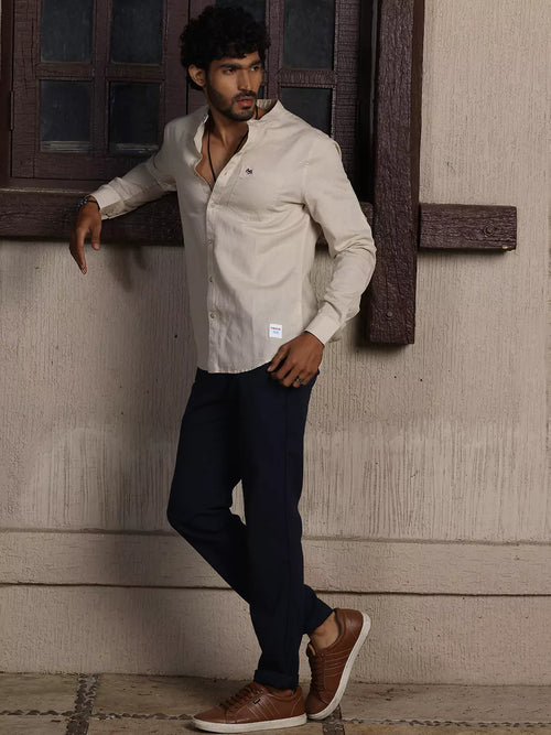 Thomas Scott Men Premium Cotton Linen Slim Fit Opaque Casual Shirt