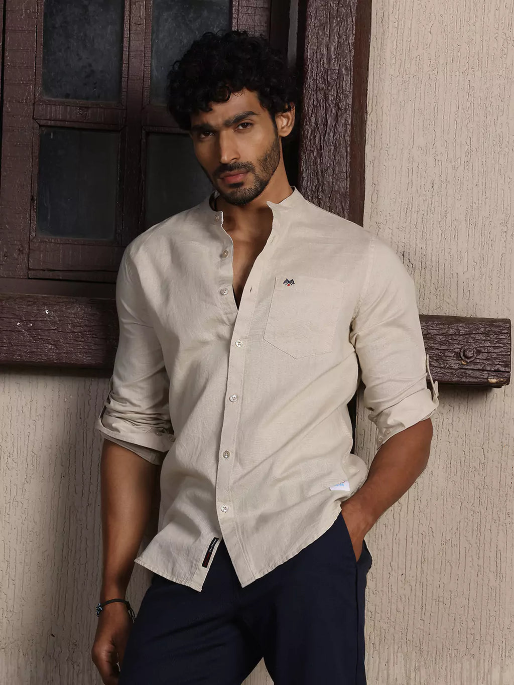 Thomas Scott Men Premium Cotton Linen Slim Fit Opaque Casual Shirt