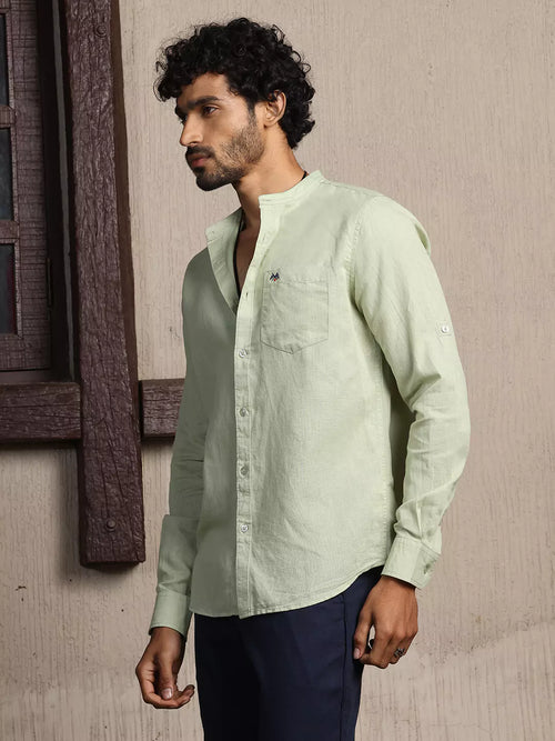 Thomas Scott Men Premium Cotton Linen Mandarin Collar Slim Fit Opaque Casual Shirt