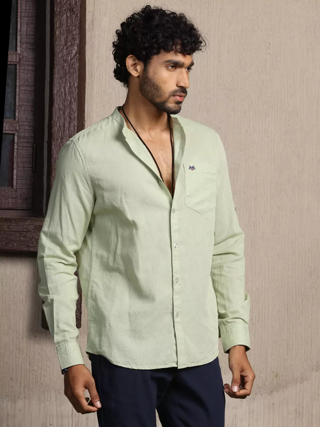 Thomas Scott Men Premium Cotton Linen Mandarin Collar Slim Fit Opaque Casual Shirt