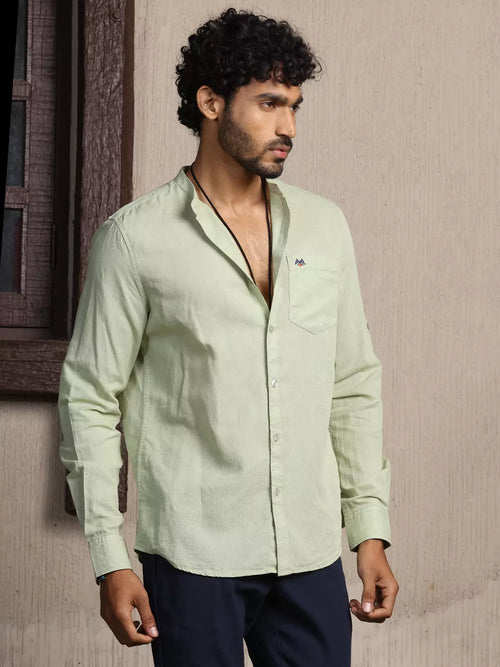 Thomas Scott Men Premium Cotton Linen Mandarin Collar Slim Fit Opaque Casual Shirt