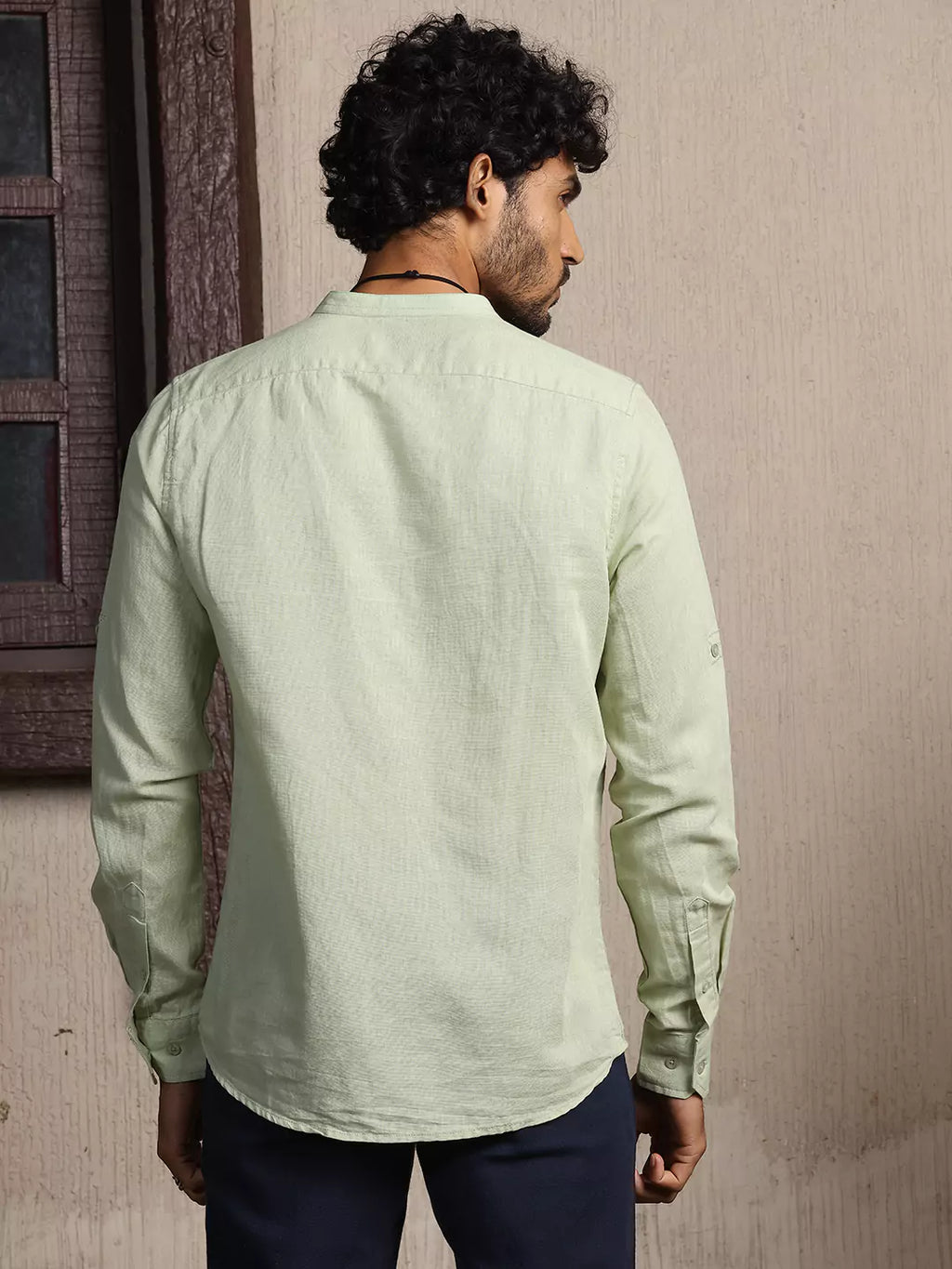 Thomas Scott Men Premium Cotton Linen Mandarin Collar Slim Fit Opaque Casual Shirt