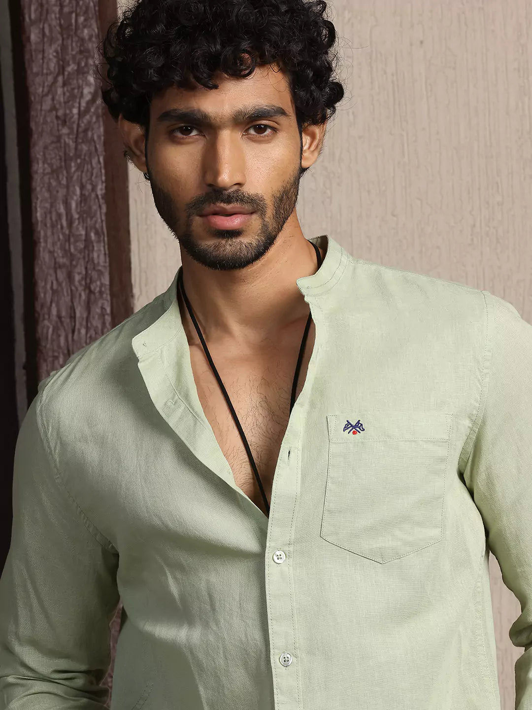 Thomas Scott Men Premium Cotton Linen Mandarin Collar Slim Fit Opaque Casual Shirt