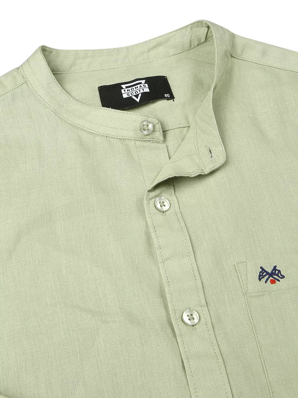 Thomas Scott Men Premium Cotton Linen Mandarin Collar Slim Fit Opaque Casual Shirt