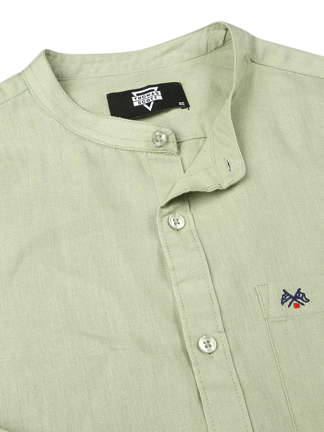Thomas Scott Men Premium Cotton Linen Mandarin Collar Slim Fit Opaque Casual Shirt