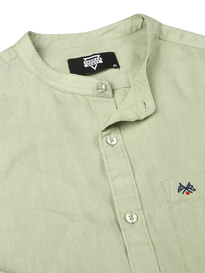 Thomas Scott Men Premium Cotton Linen Mandarin Collar Slim Fit Opaque Casual Shirt