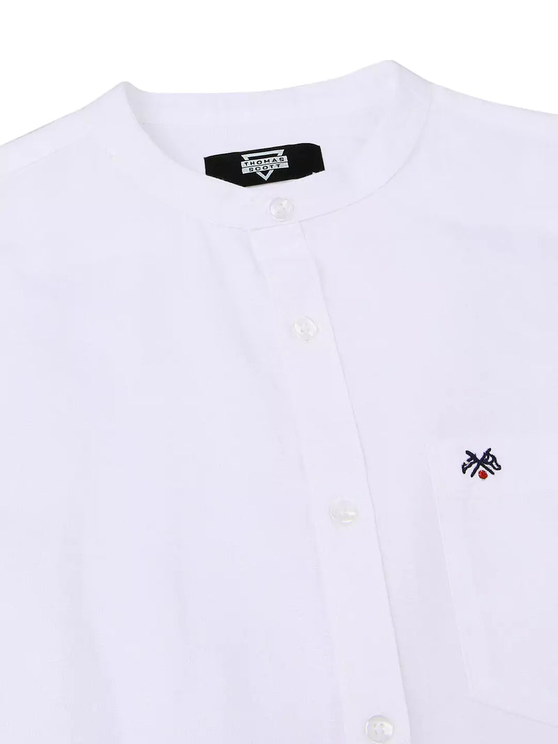 Thomas Scott Men Mandarin Collar Long Sleeves Premium Cotton Linen Slim Fit Casual Shirt
