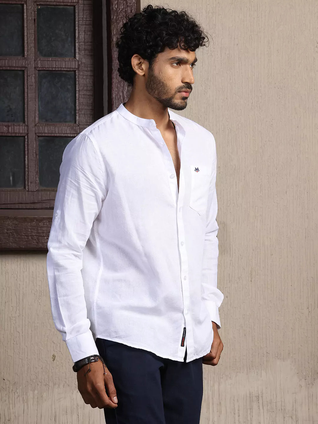 Thomas Scott Men Mandarin Collar Long Sleeves Premium Cotton Linen Slim Fit Casual Shirt