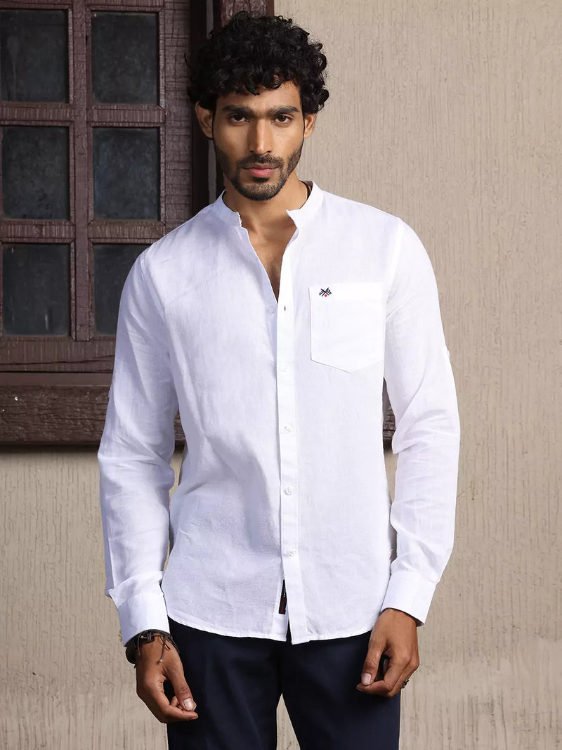 Thomas Scott Men Mandarin Collar Long Sleeves Premium Cotton Linen Slim Fit Casual Shirt