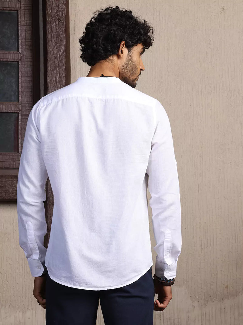Thomas Scott Men Mandarin Collar Long Sleeves Premium Cotton Linen Slim Fit Casual Shirt
