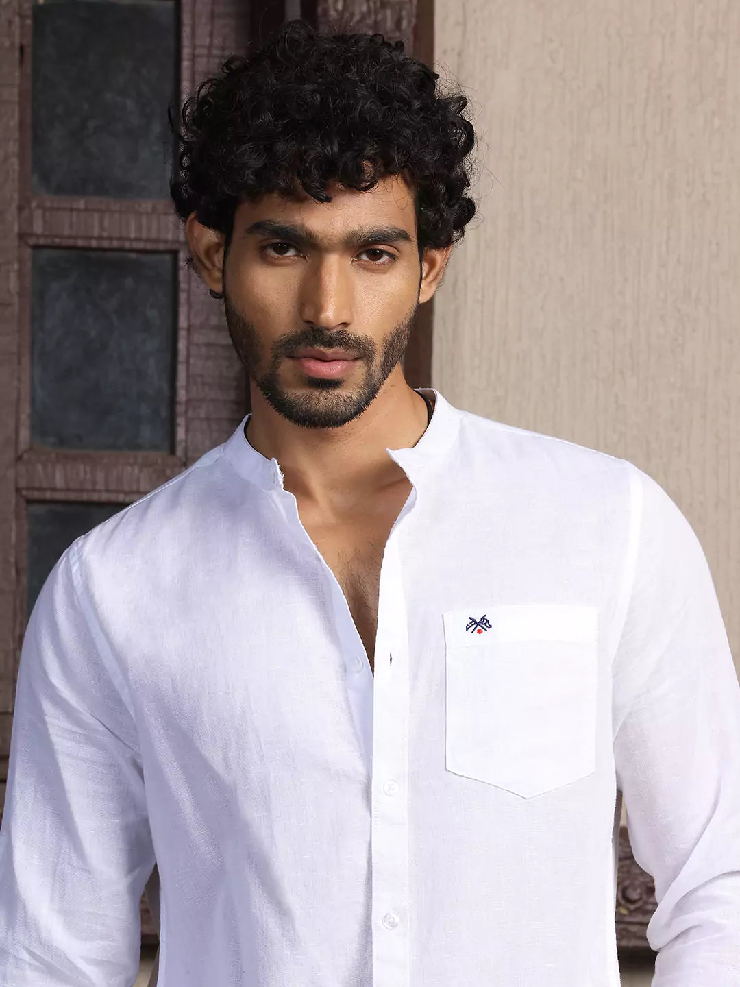 Thomas Scott Men Mandarin Collar Long Sleeves Premium Cotton Linen Slim Fit Casual Shirt