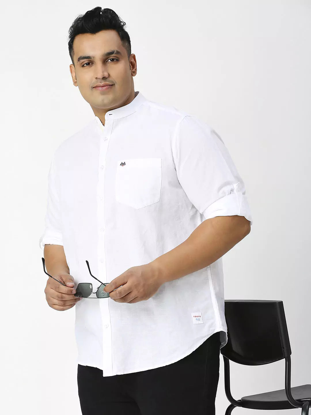 Thomas Scott Men Plus Size Premium Mandarin Collar Roll-Up Sleeves Cotton Linen Casual Shirt