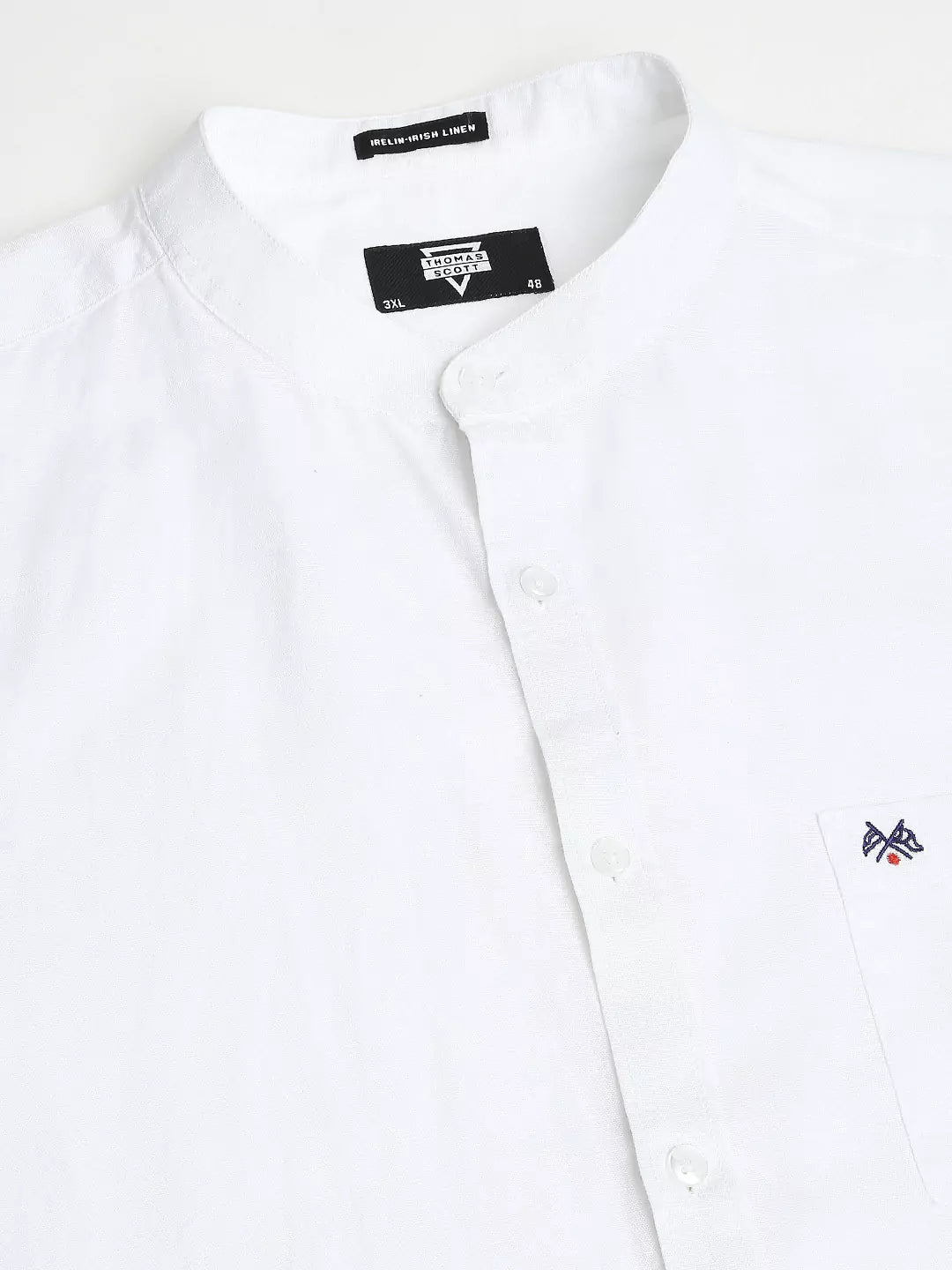 Thomas Scott Men Plus Size Premium Mandarin Collar Roll-Up Sleeves Cotton Linen Casual Shirt