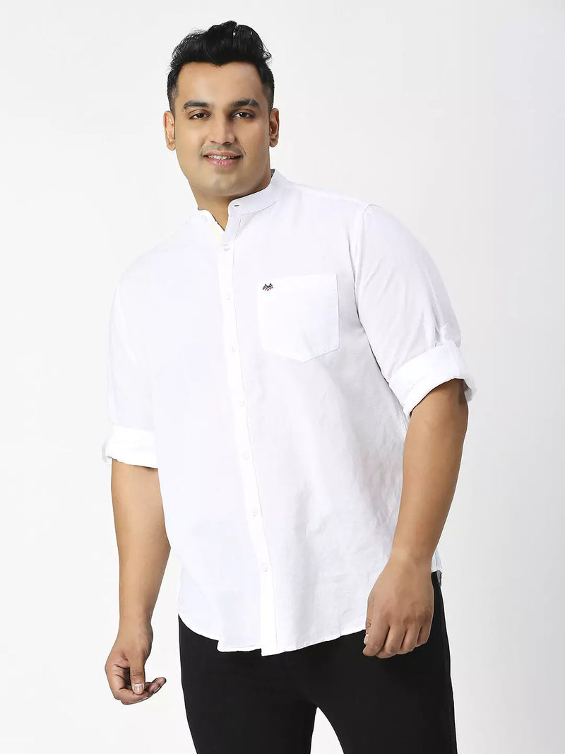 Thomas Scott Men Plus Size Premium Mandarin Collar Roll-Up Sleeves Cotton Linen Casual Shirt