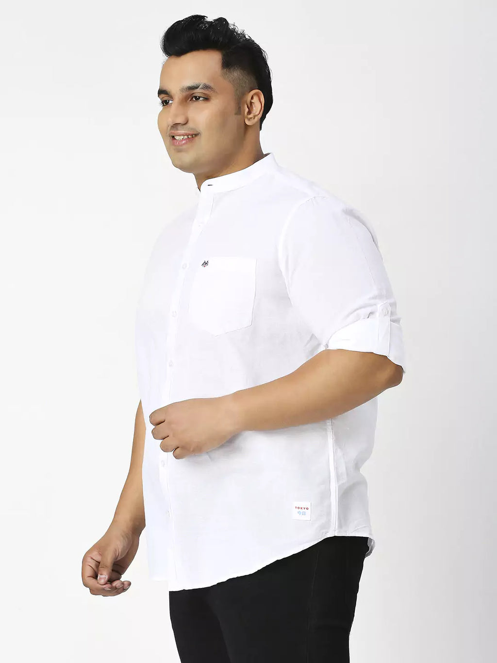 Thomas Scott Men Plus Size Premium Mandarin Collar Roll-Up Sleeves Cotton Linen Casual Shirt